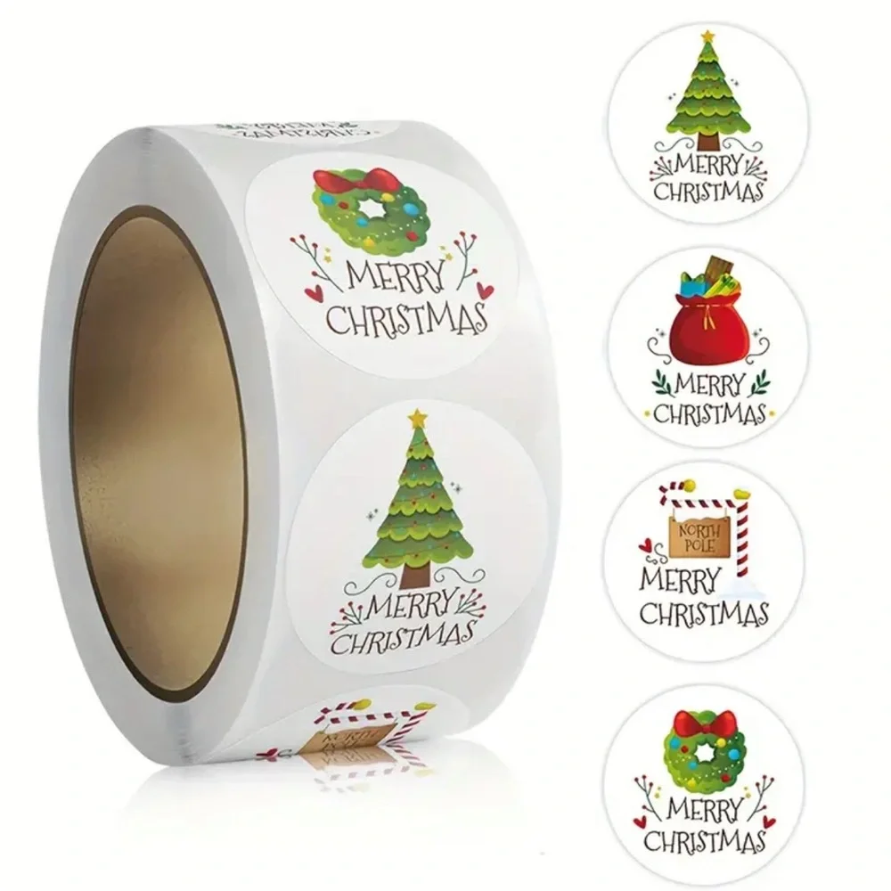 Merry Christmas Sticker Roll 500 Count 1 Inch Diameter Self Adhesive